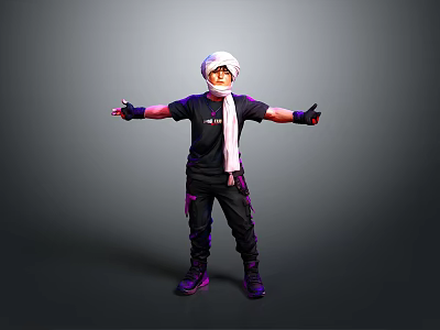 Man Wearing White Headscarf Scarf Black T-shirt Purple Shoes With Arms Outstretched Against Gray Background 3d model