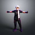 Man Wearing White Headscarf Scarf Black T-shirt Purple Shoes With Arms Outstretched Against Gray Background