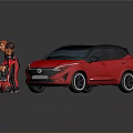 Red Car with Black Roof Two Cartoon Characters in Black Outfits Standing Beside Red Helmets
