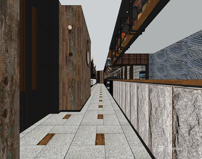 Modern Elevator Hallway With Wooden Walls Stone Flooring And Decorative Panels 3d model 