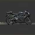 Black Sporty Motorcycle With Racing Design On Platform Against Gray Background