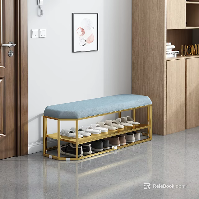 Modern Golden Frame Bench With Blue Cushion And Multi Layer Shoe Storage 3d model 