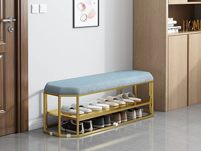 Modern Golden Frame Bench With Blue Cushion And Multi Layer Shoe Storage 3d model