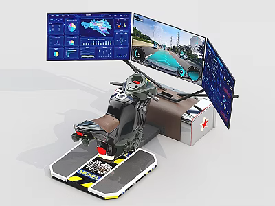 Simulator Setup with Multiple Screens Race Track Data Display Seat On Platform Red Star Logo 3d model