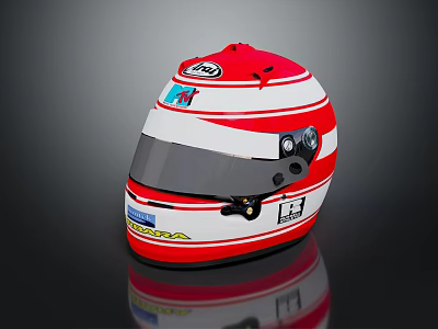 Red And White Racing Helmet With Bell Brand Transparent Visor And Striped Design 3d model