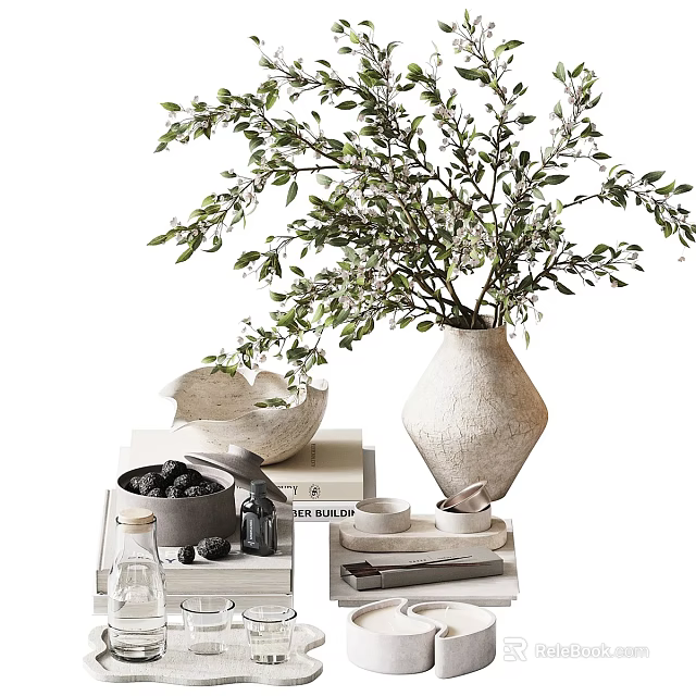 Stylish Modern Decorative Ornament Set With Vase Foliage Stacked Books Ceramic Bowls And Plates 3d model 