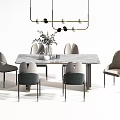 Modern Dining Table Set With Marble Top Arched Back Chairs And Pendant Lights 3d model