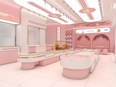 Pink Modern Dessert Shop Interior With Bright Lighting And Display Counters 3d model