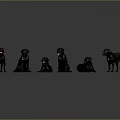 Black Dogs With Red Glowing Eyes In Various Poses On Gray Background
