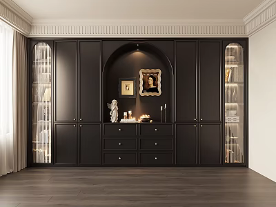 Modern Black Bookcase with Arched Design Glass Doors Drawers and Decorative Items 3d model