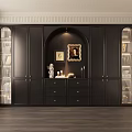 Modern Black Bookcase with Arched Design Glass Doors Drawers and Decorative Items