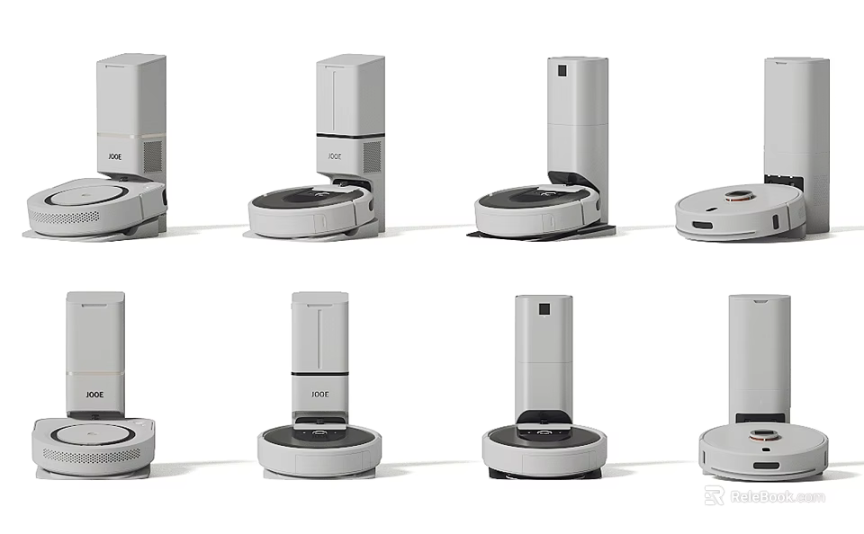 Smart Robotic Vacuum Cleaners Display Multiple White Models With Docking Stations 3d model