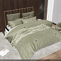 Modern Bedroom Double Bed With Wooden Headboard Green Quilt Pillows Floor-to-Ceiling Window Sea View Nightstand