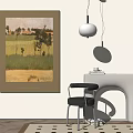 Interior With Wall Artwork Field Trees Black Bar Stool White Table Cup Books Pendant Light 3d model