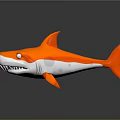 Orange Shark 3D Model With White Underbelly Sharp Teeth Round Eyes And Gray Background Reflection 3d model