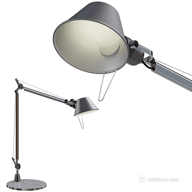 Modern Silver Gray Desk Lamp with Adjustable Metal Arm and Round Lampshade Design 3d model 