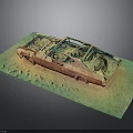 Rusted Car Frame Wreckage on Green Orange Textured Surface with Weathered Metal