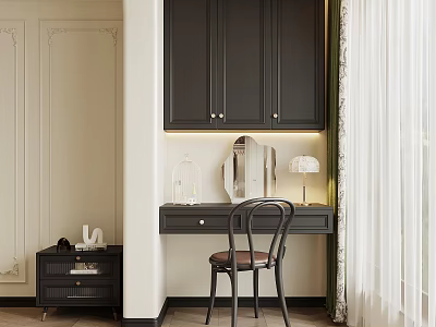 Elegant Modern Room Corner With Dark Cabinets Desk Chair Mirror And Table Lamp 3d model
