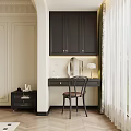 Elegant Modern Room Corner With Dark Cabinets Desk Chair Mirror And Table Lamp
