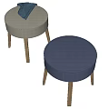 Modern Round Upholstered Stool With Light Gray Seat Wooden Legs And Blue Cloth