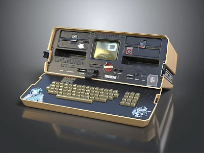 Vintage Portable Computer With Classic Keyboard Retro Display And Golden Case Design 3d model