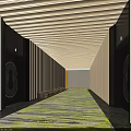 Modern Hotel Corridor With Wooden Slat Ceiling Colorful Carpet Wooden Walls And Red Sculpture