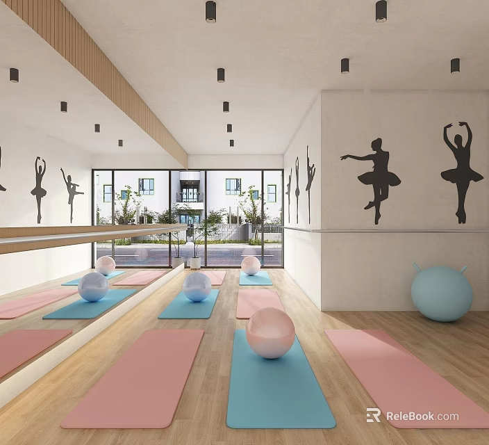 Yoga Studio Interior With Colorful Mats Balls And Ballet Silhouettes 3d model 