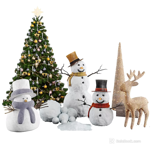 Christmas Decorations With Decorated Tree Snowmen Ornaments And Golden Reindeer 3d model 