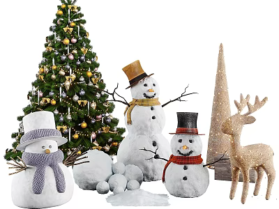 Christmas Decorations With Decorated Tree Snowmen Ornaments And Golden Reindeer 3d model