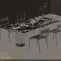 Modern Marble Top Dining Table With Metal Chairs Green Plant Fruit Bowl Wine Bottles