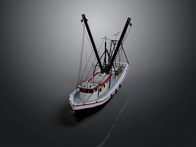 Fishing Boat With Twin Cranes White Red Hull And Cabin Structure 3d model