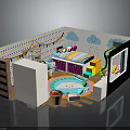 Colorful Kids Room Interior With Circular Play Mat Bed And Cloud Decor
