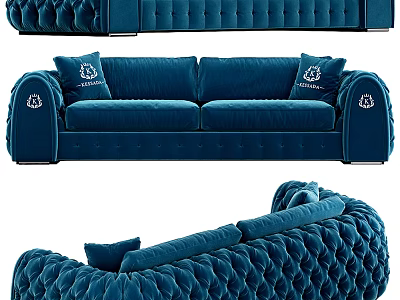 Elegant Blue Velvet Two Seater Sofa With Tufted Design And Decorative Pillows 3d model
