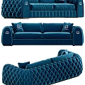 Elegant Blue Velvet Two Seater Sofa With Tufted Design And Decorative Pillows