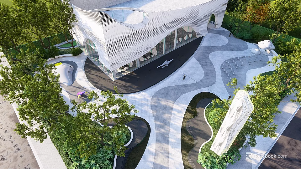 Modern Garden Landscape With Curved Pathways Green Plants Sculptures And Modern Building 3d model 