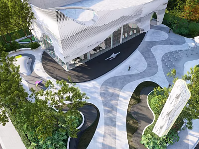 Modern Garden Landscape With Curved Pathways Green Plants Sculptures And Modern Building 3d model