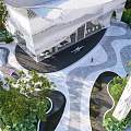 Modern Garden Landscape With Curved Pathways Green Plants Sculptures And Modern Building