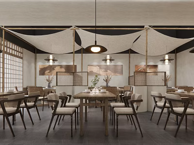 Traditional Japanese Restaurant Interior With Wooden Tables Chairs Hanging Lamps And Wall Art 3d model
