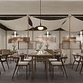 Traditional Japanese Restaurant Interior With Wooden Tables Chairs Hanging Lamps And Wall Art