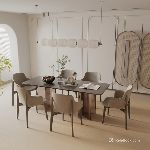 Modern Beige Dining Table Set With Six Chairs Pendant Lights And Tabletop Plants 3d model 