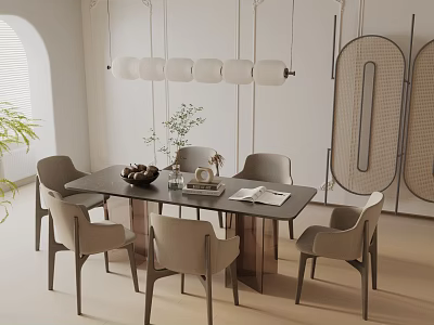 Modern Beige Dining Table Set With Six Chairs Pendant Lights And Tabletop Plants 3d model