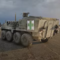 Sunlit Military Wheeled Tank With Green Camouflage And Top Mounted Machine Gun On Sandy Ground