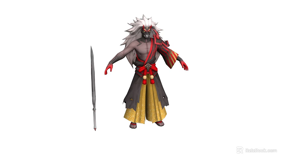 Game Movie Character With White Hair Red Face Paint Black Yellow Outfit And Long Sword 3d model 
