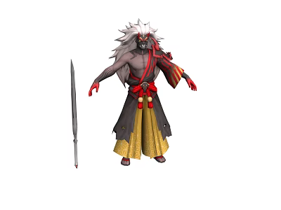 Game Movie Character With White Hair Red Face Paint Black Yellow Outfit And Long Sword 3d model