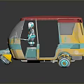 Vintage Three Wheeled Auto Rickshaw With Red Roof Yellow Blue Body And Peeling Paint