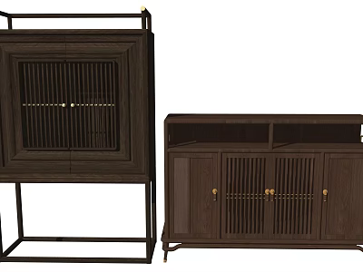 Traditional Dark Wood Sideboard with Lattice Doors and Metal Handles 3d model