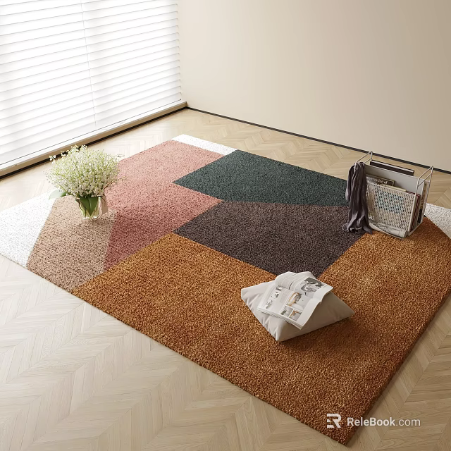 Square Rug with Geometric Pattern Pink Green Brown Orange White Flower Bouquet Folded Newspaper Clothes on Wooden Floor by Window 3d model 