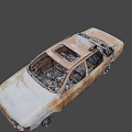 Burned Rusted Car With Damaged Body Broken Windows And Charred Remains