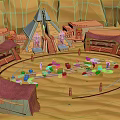 Scenic Miniature Landscape with Pink Roofs Blue Spire Tower Tracks and Figures in Orange Background