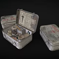 Vintage Metal First Aid Kits With Open Case Containing Scissors Bandages And Medical Supplies